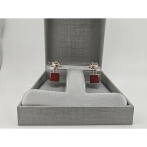 Sterling Silver and red coral or agate stone dangle earrings